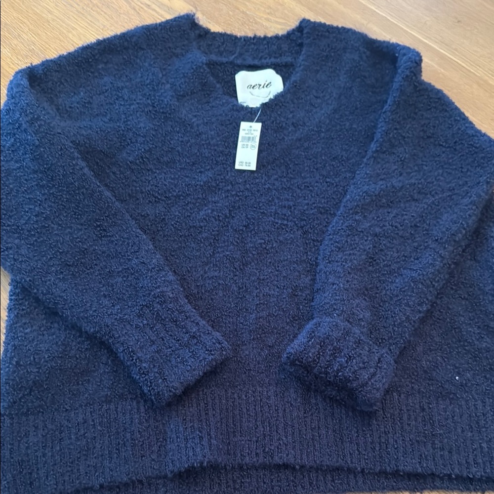 aerie Navy Blue V-Neck Fuzzy Sweater